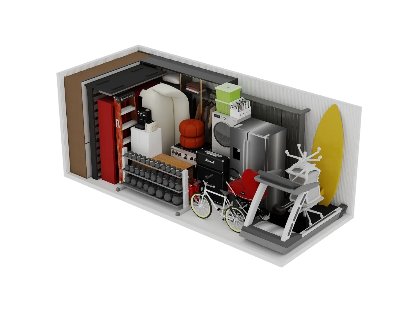 Skladovací jednotka plná různých předmětů včetně posilovací činky, jízdního kola, ledničky, pračky, běžeckého pásu, židle, surfového prkna a dalších domácích věcí.