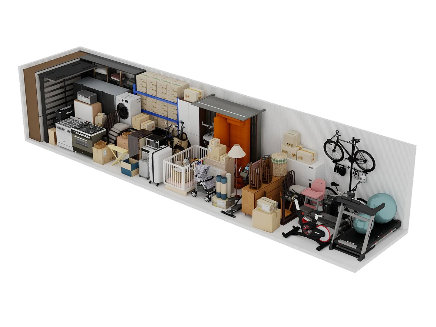 Úložný prostor plný různých předmětů včetně krabic, domácích spotřebičů, sportovního vybavení a nábytku.